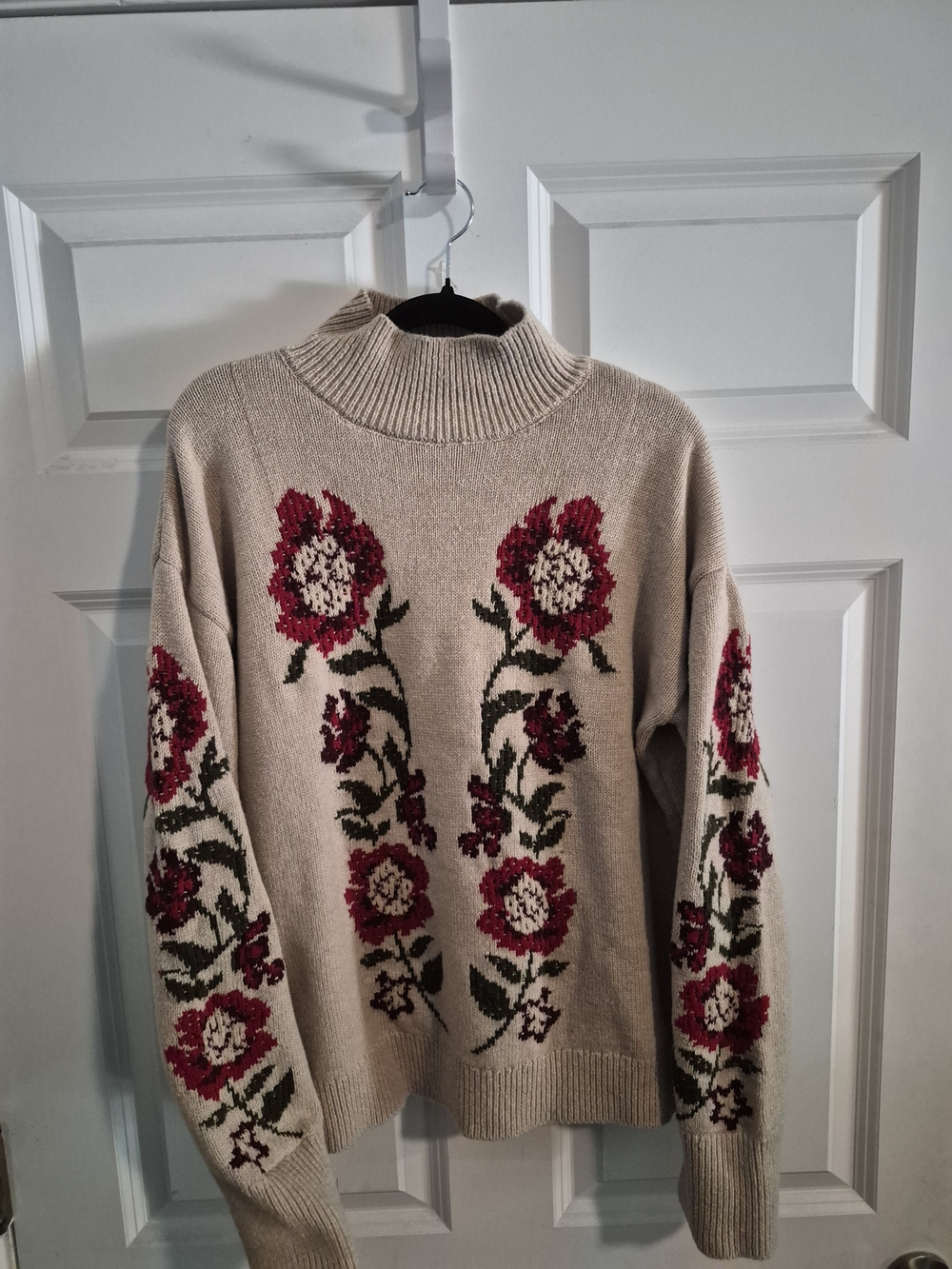 Wonderly Cream Mock Neck Sweater with Red Floral Jacquard